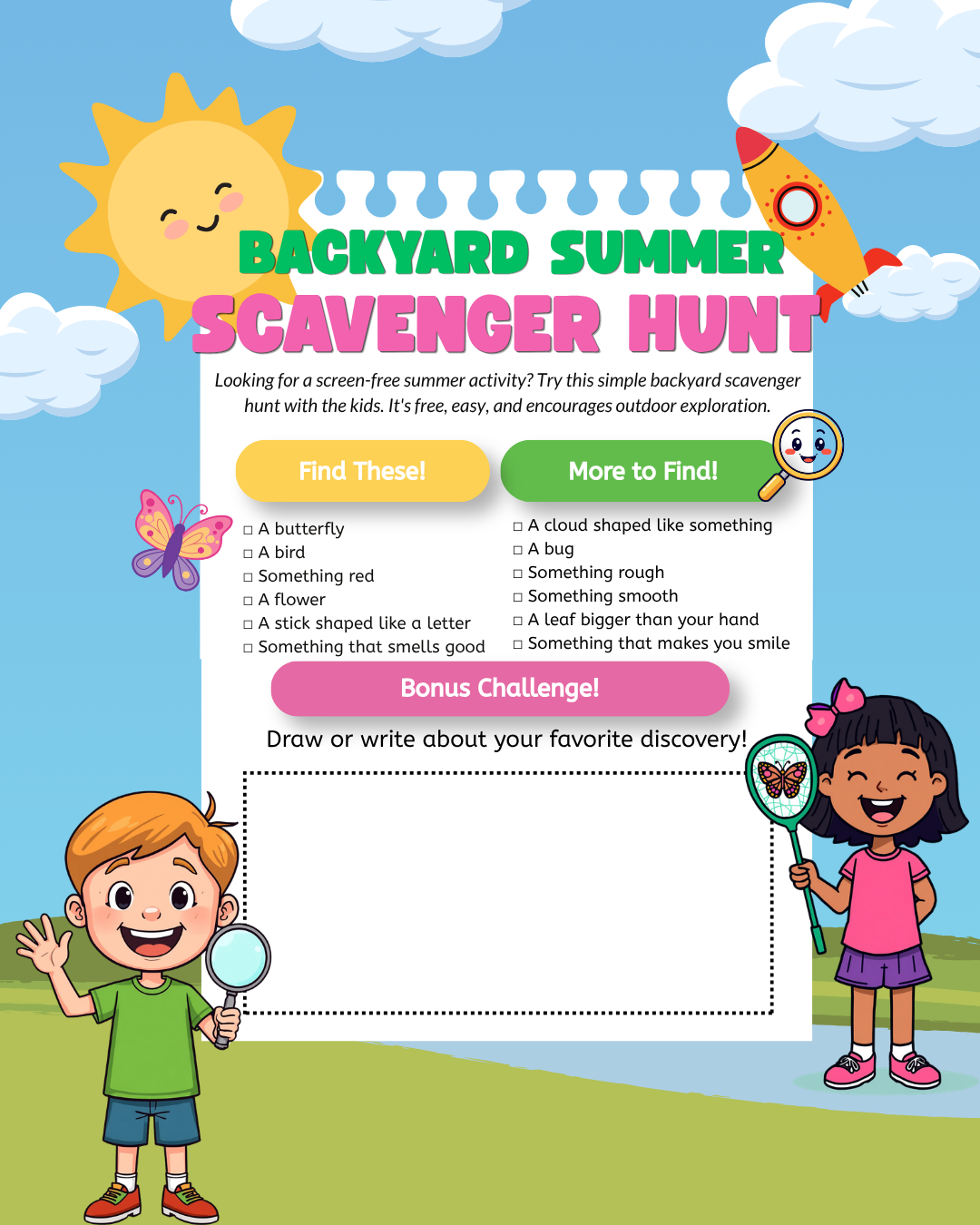 Instagram Post - Looking for a screen-free summer activity Try this simple backyard scavenger hunt with the kids. Its free, easy, and encourages outdoor exploration.