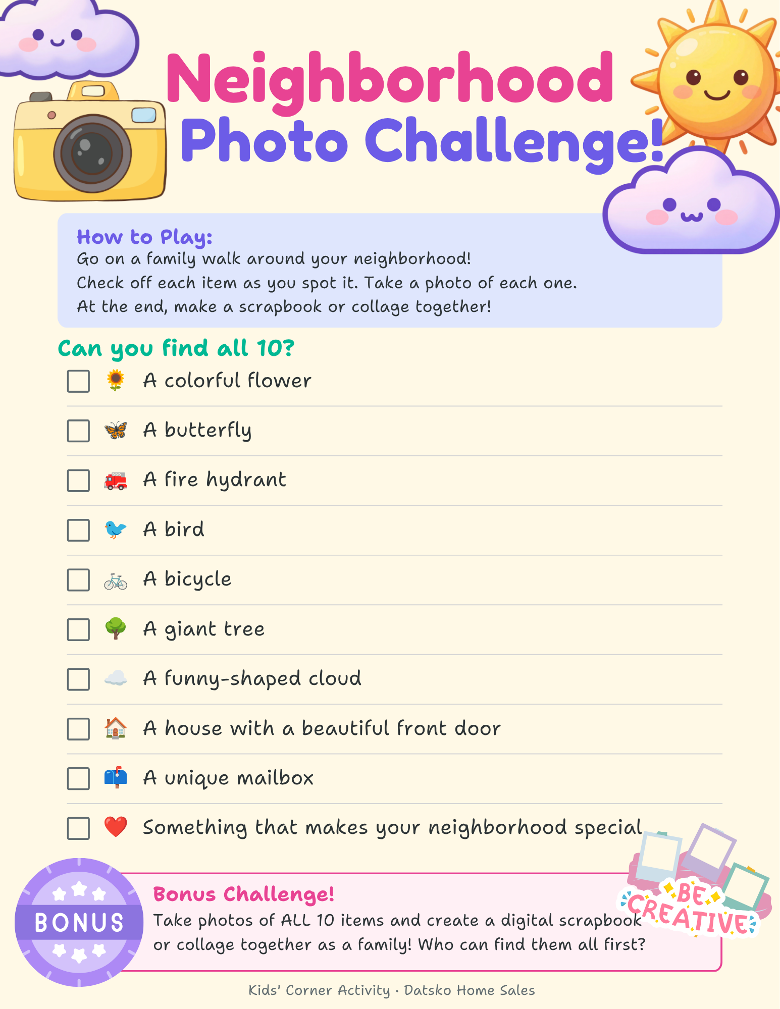 Instagram Post - Looking for a screen-free summer activity Try this simple backyard scavenger hunt with the kids. Its free, easy, and encourages outdoor exploration. (Real Estate Flyer)